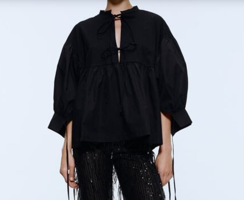 ZARA Black S Poplin Blouse Drawstring Rib V-Neck Ruffle Sleeves Pullover Regular
